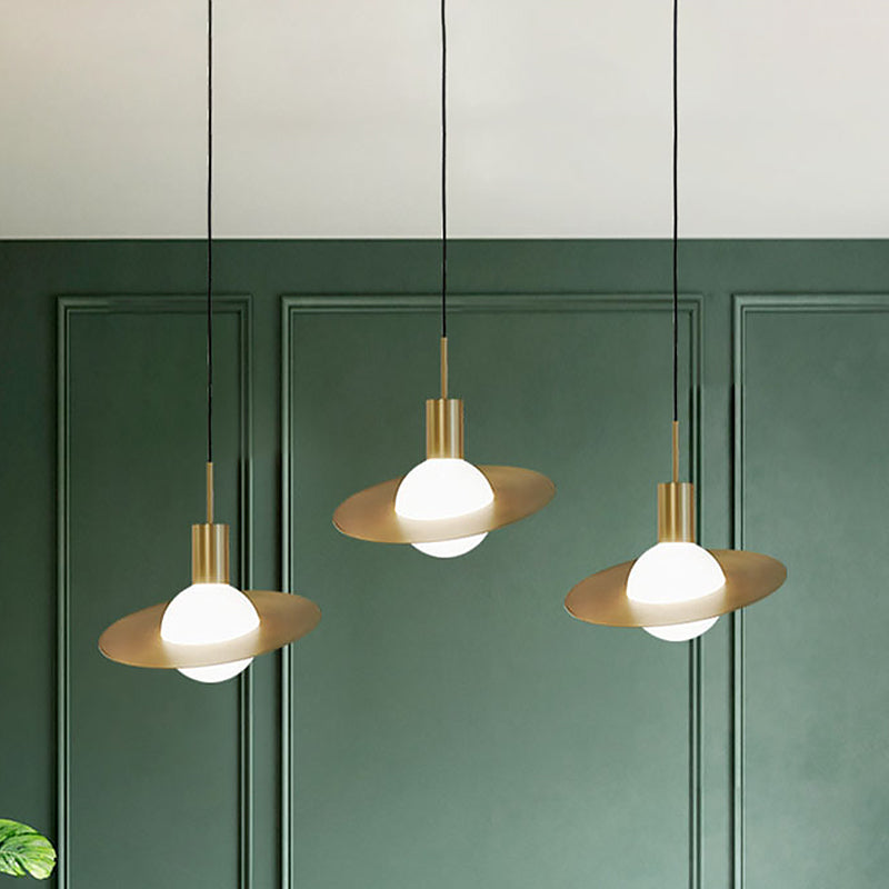 Gold Planetoid Hanging Light Kit Postmodern Single Opaline Glass Ceiling Pendant over Table Clearhalo 'Ceiling Lights' 'Glass shade' 'Glass' 'Modern Pendants' 'Modern' 'Pendant Lights' 'Pendants' Lighting' 1475188