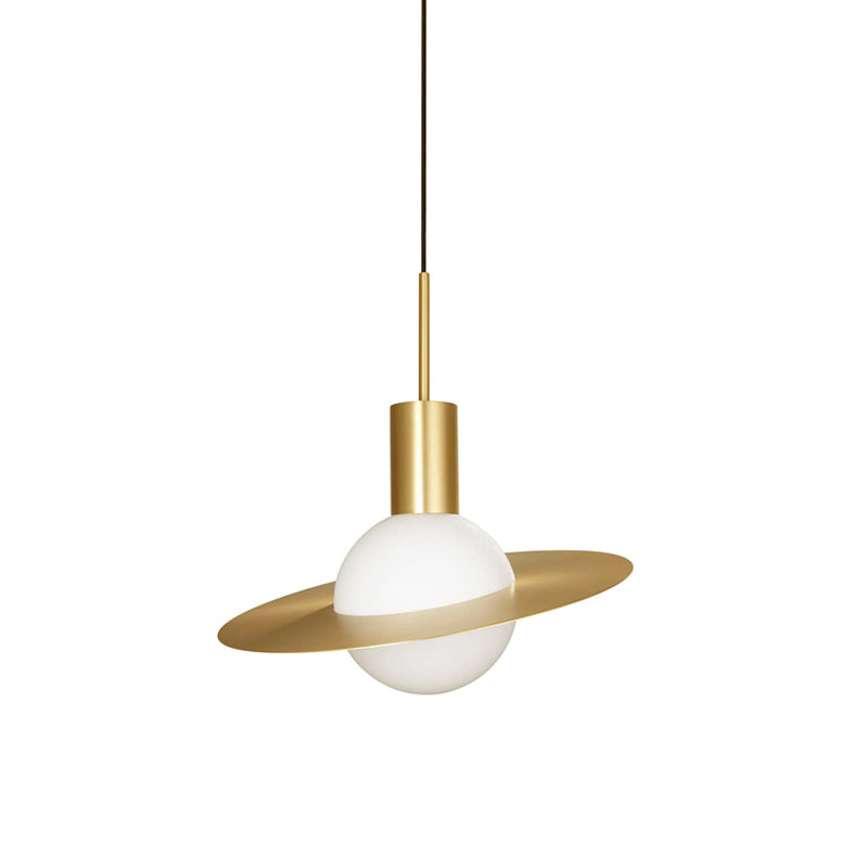 Gold Planetoid Hanging Light Kit Postmodern Single Opaline Glass Ceiling Pendant over Table Clearhalo 'Ceiling Lights' 'Glass shade' 'Glass' 'Modern Pendants' 'Modern' 'Pendant Lights' 'Pendants' Lighting' 1475189