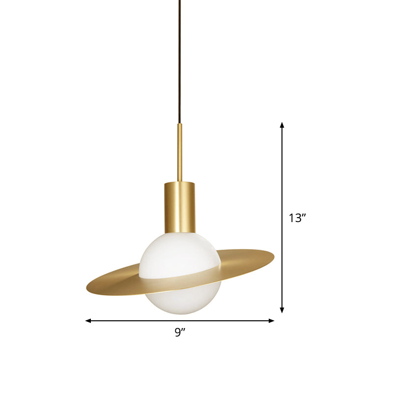 Gold Planetoid Hanging Light Kit Postmodern Single Opaline Glass Ceiling Pendant over Table Clearhalo 'Ceiling Lights' 'Glass shade' 'Glass' 'Modern Pendants' 'Modern' 'Pendant Lights' 'Pendants' Lighting' 1475191