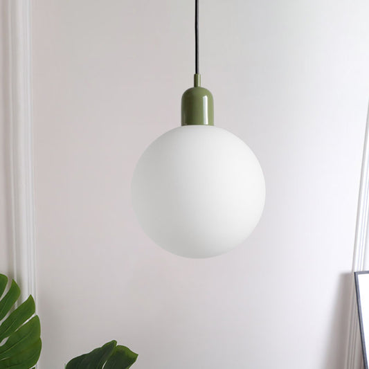 Simple Spherical Opal Glass Drop Pendant 1-Light Hanging Ceiling Light with Red/White/Green Cap Green Clearhalo 'Ceiling Lights' 'Glass shade' 'Glass' 'Modern Pendants' 'Modern' 'Pendant Lights' 'Pendants' Lighting' 1475208
