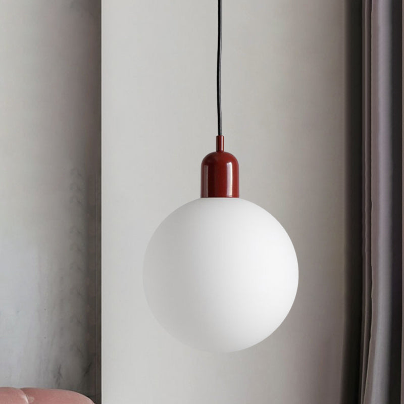 Simple Spherical Opal Glass Drop Pendant 1-Light Hanging Ceiling Light with Red/White/Green Cap Clearhalo 'Ceiling Lights' 'Glass shade' 'Glass' 'Modern Pendants' 'Modern' 'Pendant Lights' 'Pendants' Lighting' 1475211