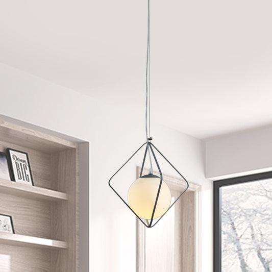 Green/Grey Rhombus Cage Pendant Light Minimalist 1 Head Iron Hanging Lamp Kit with Ball Milk Glass Shade Inside Clearhalo 'Ceiling Lights' 'Close To Ceiling Lights' 'Glass shade' 'Glass' 'Modern Pendants' 'Modern' 'Pendant Lights' 'Pendants' Lighting' 1475219