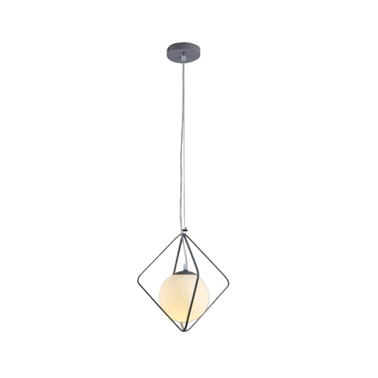 Green/Grey Rhombus Cage Pendant Light Minimalist 1 Head Iron Hanging Lamp Kit with Ball Milk Glass Shade Inside Clearhalo 'Ceiling Lights' 'Close To Ceiling Lights' 'Glass shade' 'Glass' 'Modern Pendants' 'Modern' 'Pendant Lights' 'Pendants' Lighting' 1475221