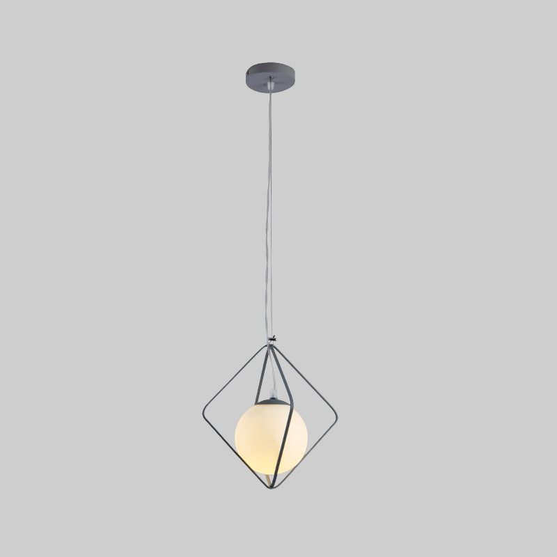 Green/Grey Rhombus Cage Pendant Light Minimalist 1 Head Iron Hanging Lamp Kit with Ball Milk Glass Shade Inside Clearhalo 'Ceiling Lights' 'Close To Ceiling Lights' 'Glass shade' 'Glass' 'Modern Pendants' 'Modern' 'Pendant Lights' 'Pendants' Lighting' 1475222