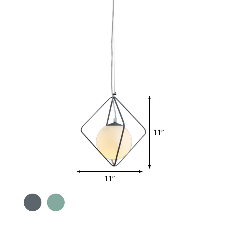 Green/Grey Rhombus Cage Pendant Light Minimalist 1 Head Iron Hanging Lamp Kit with Ball Milk Glass Shade Inside Clearhalo 'Ceiling Lights' 'Close To Ceiling Lights' 'Glass shade' 'Glass' 'Modern Pendants' 'Modern' 'Pendant Lights' 'Pendants' Lighting' 1475223