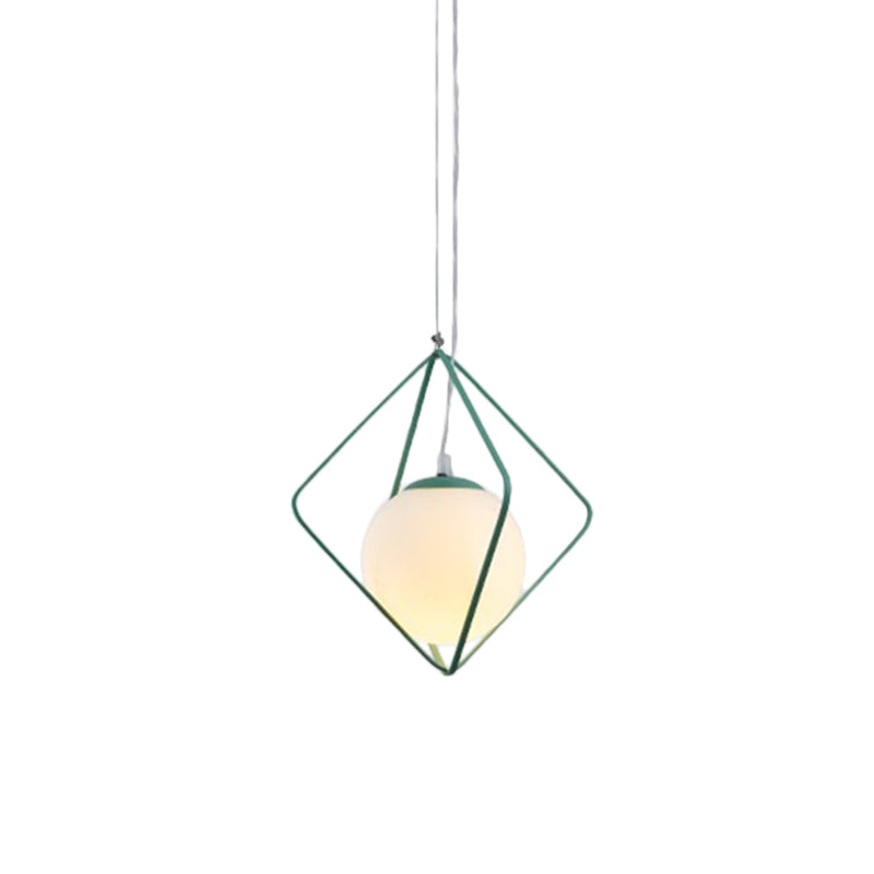 Green/Grey Rhombus Cage Pendant Light Minimalist 1 Head Iron Hanging Lamp Kit with Ball Milk Glass Shade Inside Clearhalo 'Ceiling Lights' 'Close To Ceiling Lights' 'Glass shade' 'Glass' 'Modern Pendants' 'Modern' 'Pendant Lights' 'Pendants' Lighting' 1475226