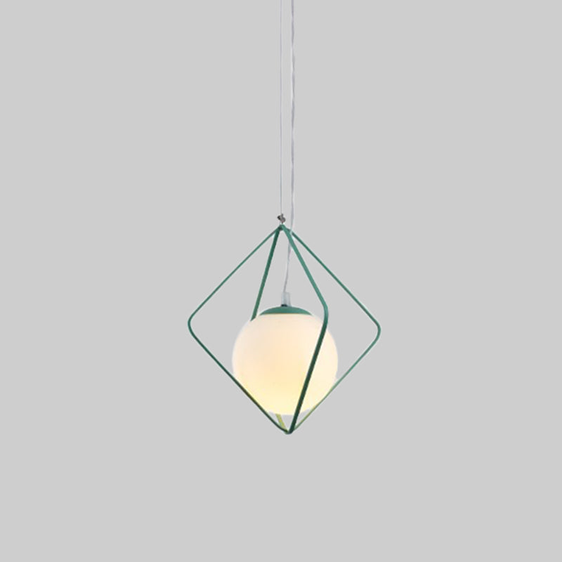 Green/Grey Rhombus Cage Pendant Light Minimalist 1 Head Iron Hanging Lamp Kit with Ball Milk Glass Shade Inside Clearhalo 'Ceiling Lights' 'Close To Ceiling Lights' 'Glass shade' 'Glass' 'Modern Pendants' 'Modern' 'Pendant Lights' 'Pendants' Lighting' 1475227