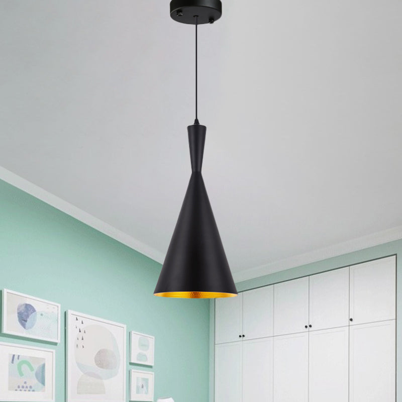 Black/Gold Finish Funnel Hanging Light Fixture Vintage Metallic 1 Bulb Dining Room Ceiling Suspension Lamp Clearhalo 'Ceiling Lights' 'Pendant Lights' 'Pendants' Lighting' 1475261