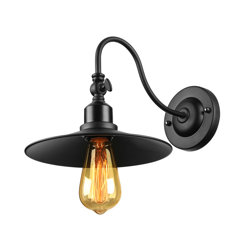 Black Finish Flared Sconce Lighting with Gooseneck Arm Loft Style Metal 1 Bulb Dining Room Wall Light Clearhalo 'Art deco wall lights' 'Cast Iron' 'Glass' 'Industrial wall lights' 'Industrial' 'Middle century wall lights' 'Modern' 'Rustic wall lights' 'Tiffany' 'Traditional wall lights' 'Wall Lamps & Sconces' 'Wall Lights' Lighting' 147528