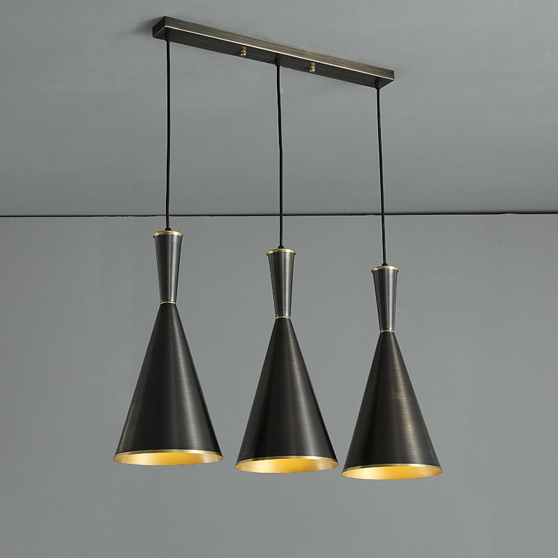 Black/Gold Finish Cluster Horn Pendant Antiqued Metal 3 Lights Kitchen Hanging Lamp with Round/Linear Canopy Clearhalo 'Ceiling Lights' 'Pendant Lights' 'Pendants' Lighting' 1475288