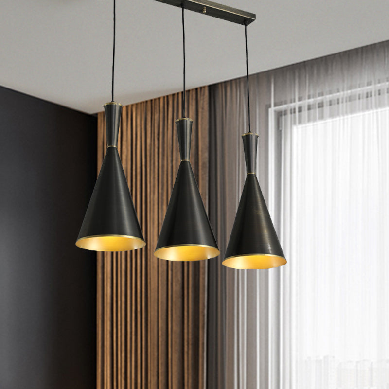 Black/Gold Finish Cluster Horn Pendant Antiqued Metal 3 Lights Kitchen Hanging Lamp with Round/Linear Canopy Clearhalo 'Ceiling Lights' 'Pendant Lights' 'Pendants' Lighting' 1475290