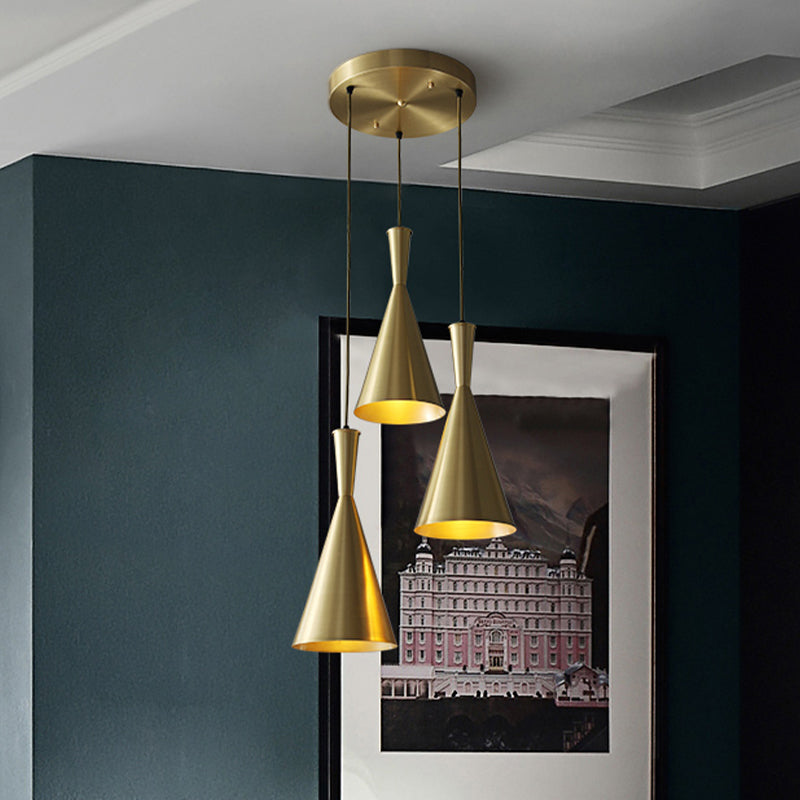 Black/Gold Finish Cluster Horn Pendant Antiqued Metal 3 Lights Kitchen Hanging Lamp with Round/Linear Canopy Clearhalo 'Ceiling Lights' 'Pendant Lights' 'Pendants' Lighting' 1475294