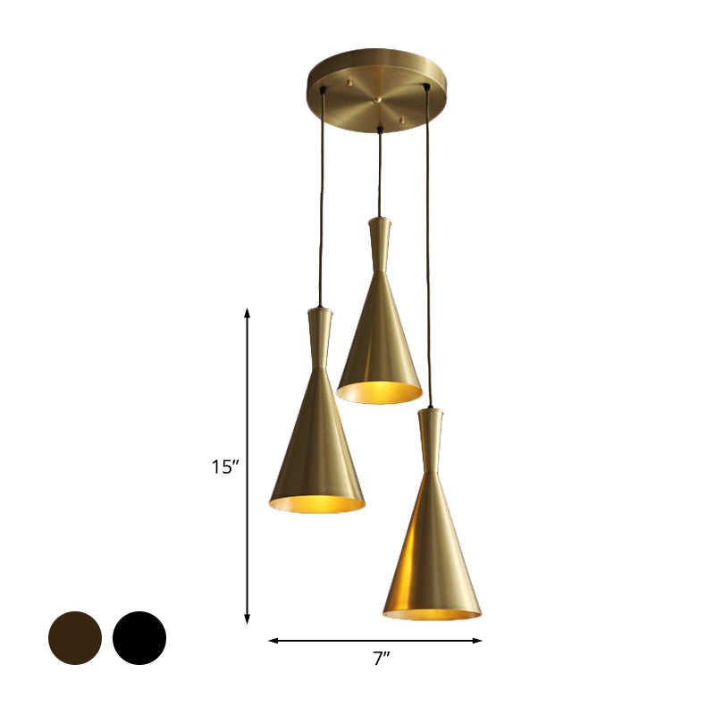 Black/Gold Finish Cluster Horn Pendant Antiqued Metal 3 Lights Kitchen Hanging Lamp with Round/Linear Canopy Clearhalo 'Ceiling Lights' 'Pendant Lights' 'Pendants' Lighting' 1475296