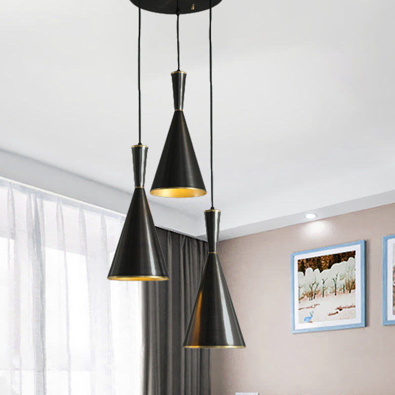 Black/Gold Finish Cluster Horn Pendant Antiqued Metal 3 Lights Kitchen Hanging Lamp with Round/Linear Canopy Clearhalo 'Ceiling Lights' 'Pendant Lights' 'Pendants' Lighting' 1475297