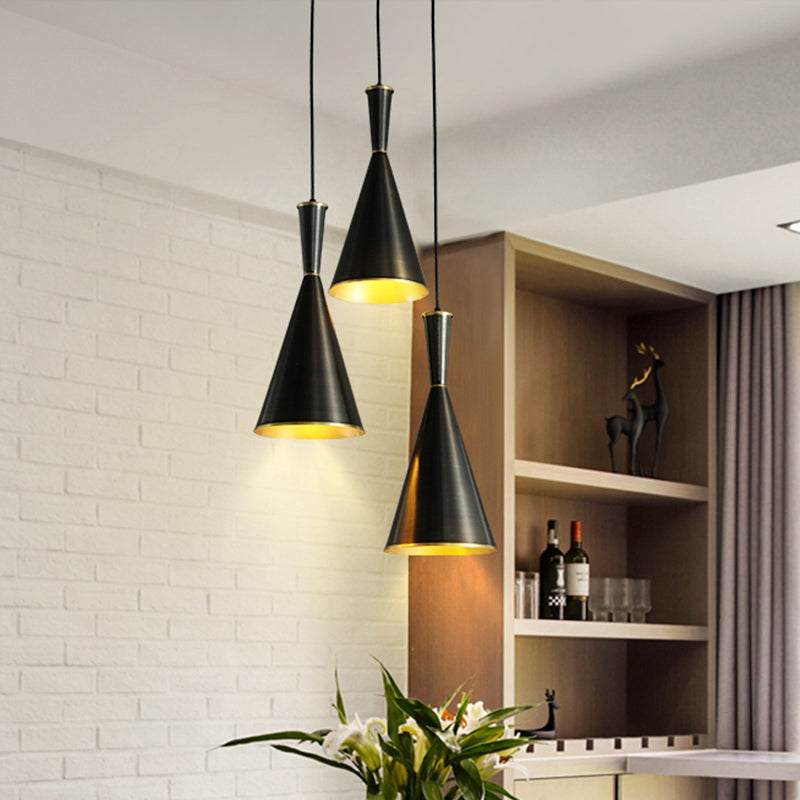 Black/Gold Finish Cluster Horn Pendant Antiqued Metal 3 Lights Kitchen Hanging Lamp with Round/Linear Canopy Clearhalo 'Ceiling Lights' 'Pendant Lights' 'Pendants' Lighting' 1475298