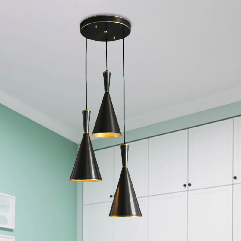 Black/Gold Finish Cluster Horn Pendant Antiqued Metal 3 Lights Kitchen Hanging Lamp with Round/Linear Canopy Clearhalo 'Ceiling Lights' 'Pendant Lights' 'Pendants' Lighting' 1475299