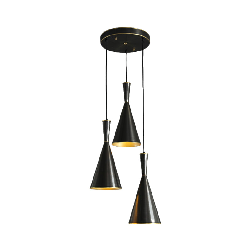 Black/Gold Finish Cluster Horn Pendant Antiqued Metal 3 Lights Kitchen Hanging Lamp with Round/Linear Canopy Clearhalo 'Ceiling Lights' 'Pendant Lights' 'Pendants' Lighting' 1475300