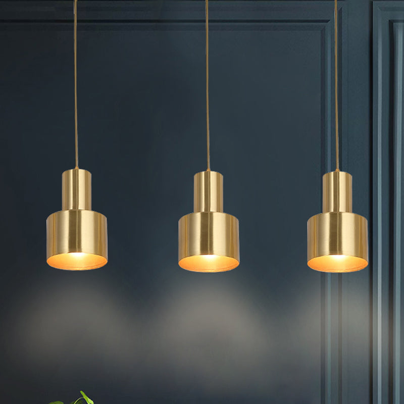 Metal Cylinder Suspension Lamp Colonial 3 Lights Kitchen Cluster Pendant Light in Gold with Linear/Round Canopy Clearhalo 'Ceiling Lights' 'Pendant Lights' 'Pendants' Lighting' 1475301