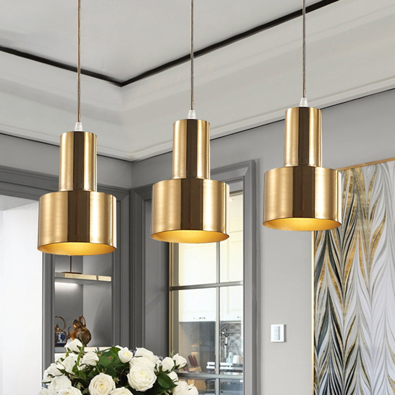 Metal Cylinder Suspension Lamp Colonial 3 Lights Kitchen Cluster Pendant Light in Gold with Linear/Round Canopy Clearhalo 'Ceiling Lights' 'Pendant Lights' 'Pendants' Lighting' 1475303