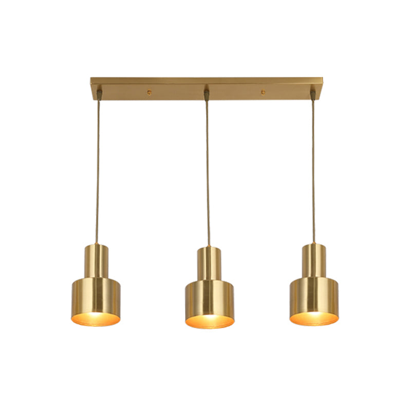 Metal Cylinder Suspension Lamp Colonial 3 Lights Kitchen Cluster Pendant Light in Gold with Linear/Round Canopy Clearhalo 'Ceiling Lights' 'Pendant Lights' 'Pendants' Lighting' 1475304