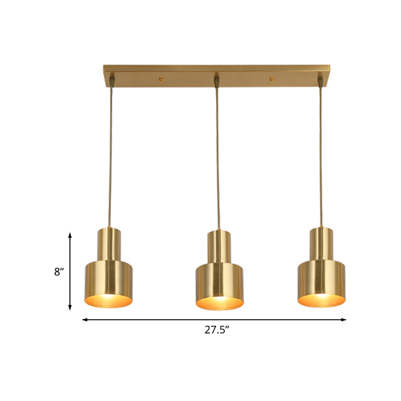 Metal Cylinder Suspension Lamp Colonial 3 Lights Kitchen Cluster Pendant Light in Gold with Linear/Round Canopy Clearhalo 'Ceiling Lights' 'Pendant Lights' 'Pendants' Lighting' 1475305