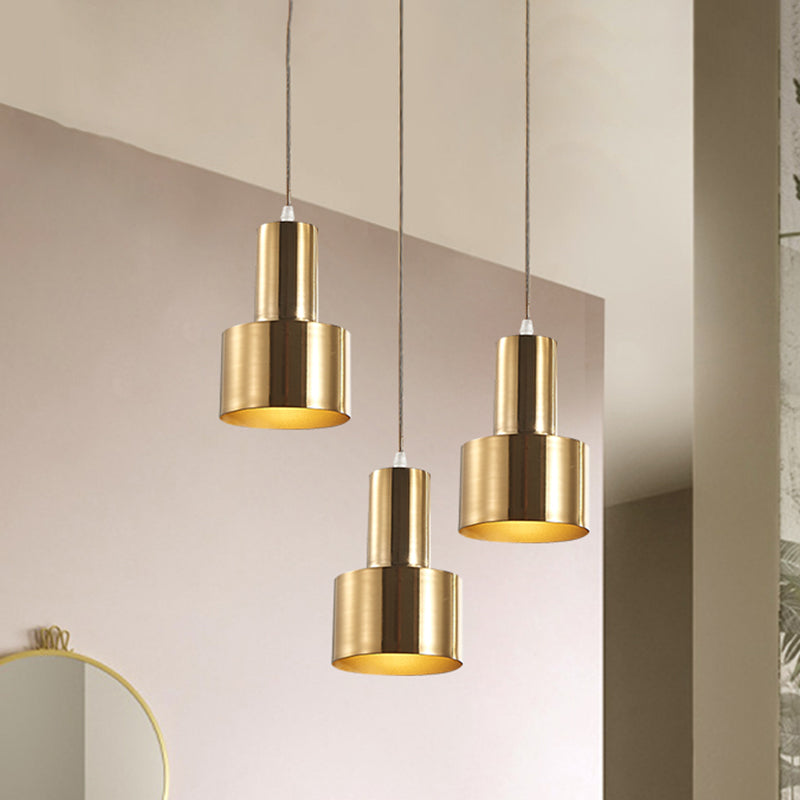 Metal Cylinder Suspension Lamp Colonial 3 Lights Kitchen Cluster Pendant Light in Gold with Linear/Round Canopy Clearhalo 'Ceiling Lights' 'Pendant Lights' 'Pendants' Lighting' 1475306