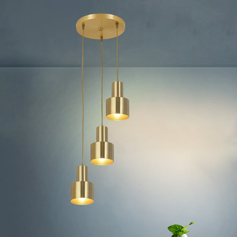 Metal Cylinder Suspension Lamp Colonial 3 Lights Kitchen Cluster Pendant Light in Gold with Linear/Round Canopy Clearhalo 'Ceiling Lights' 'Pendant Lights' 'Pendants' Lighting' 1475307