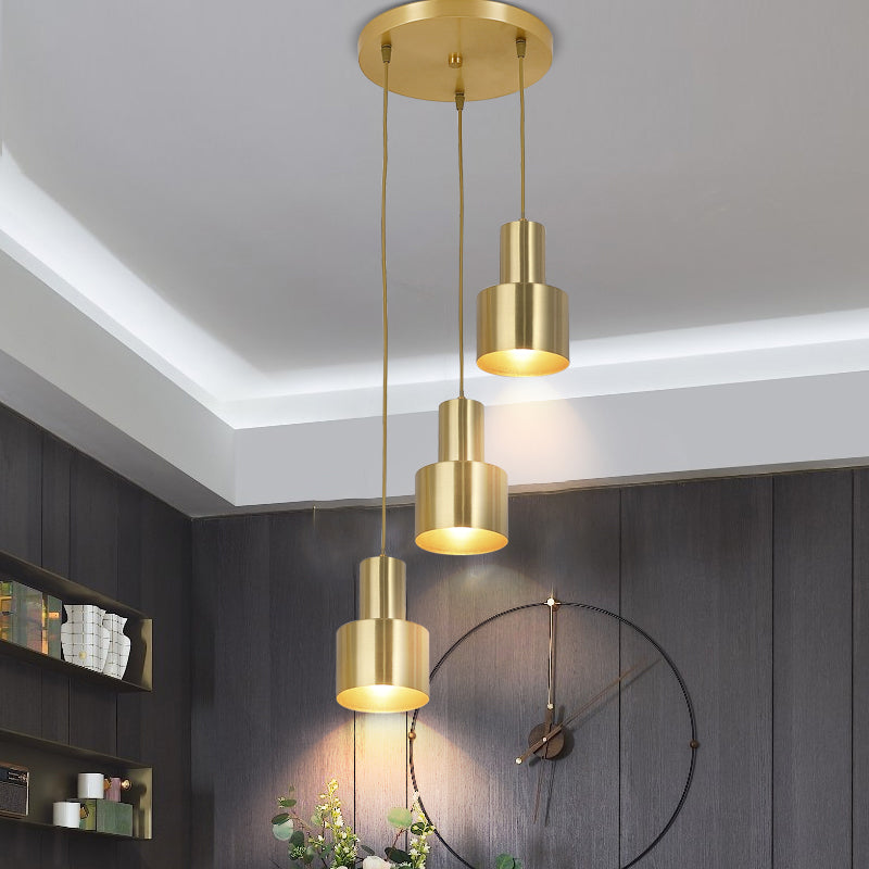 Metal Cylinder Suspension Lamp Colonial 3 Lights Kitchen Cluster Pendant Light in Gold with Linear/Round Canopy Clearhalo 'Ceiling Lights' 'Pendant Lights' 'Pendants' Lighting' 1475308