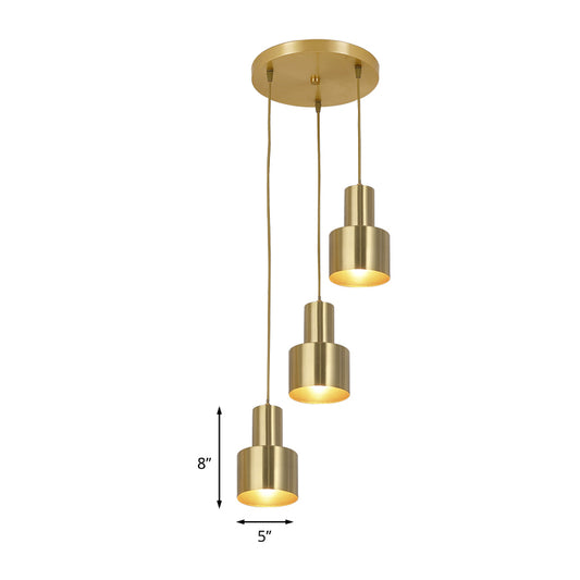 Metal Cylinder Suspension Lamp Colonial 3 Lights Kitchen Cluster Pendant Light in Gold with Linear/Round Canopy Clearhalo 'Ceiling Lights' 'Pendant Lights' 'Pendants' Lighting' 1475310