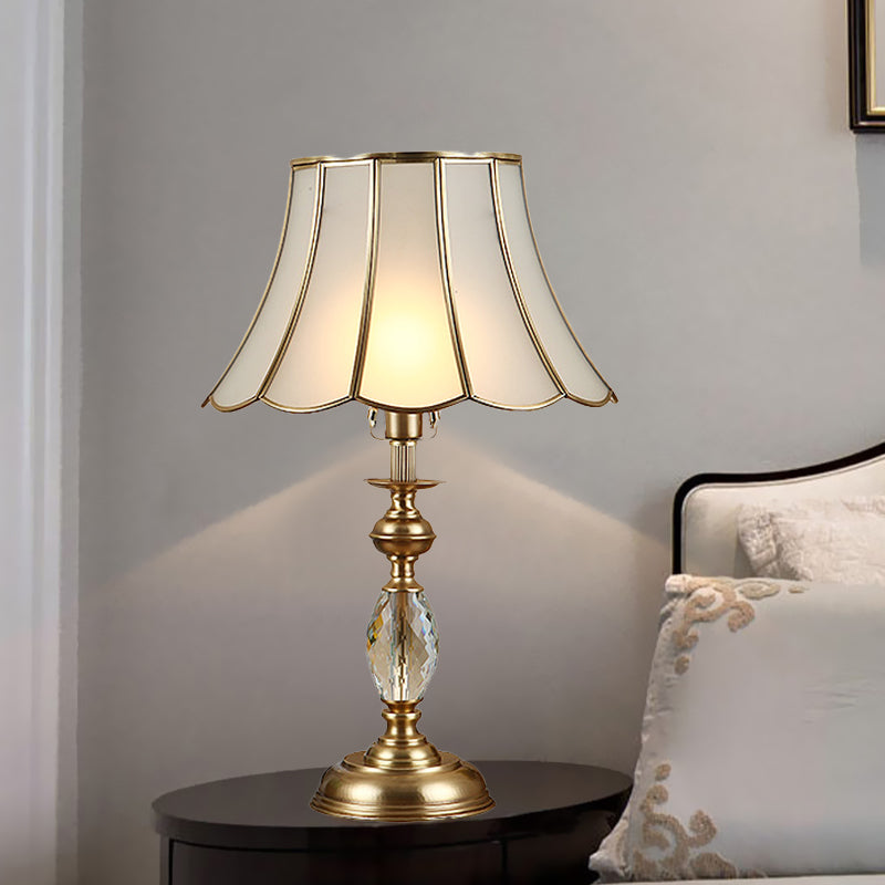 Minimalist Scalloped Night Lighting 1 Head Frosted Glass Nightstand Light in Gold with Metal Font/Clear Crystal Deco Gold B Clearhalo 'Lamps' 'Table Lamps' Lighting' 1475318