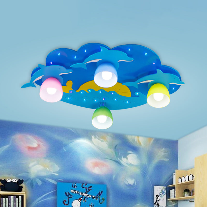 Blue Dolphin Flushmount Ceiling Lamp Kids 4 Bulbs Multicolored Glass Flush Mount Recessed Lighting Blue Clearhalo 'Ceiling Lights' 'Close To Ceiling Lights' 'Close to ceiling' 'Flush mount' Lighting' 1475354