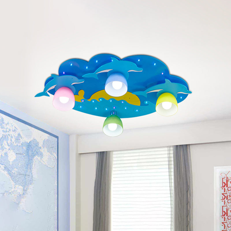 Blue Dolphin Flushmount Ceiling Lamp Kids 4 Bulbs Multicolored Glass Flush Mount Recessed Lighting Clearhalo 'Ceiling Lights' 'Close To Ceiling Lights' 'Close to ceiling' 'Flush mount' Lighting' 1475355