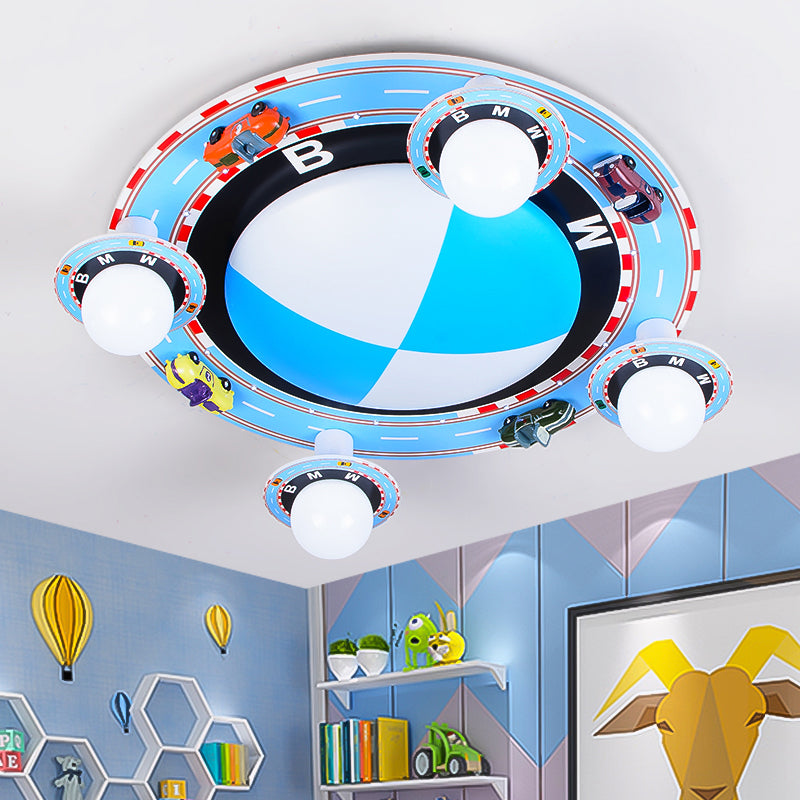 Circular Flush Mount Ceiling Fixture Kids White Glass 4-Head Blue Flushmount Lighting with Racing Vehicle Blue Clearhalo 'Ceiling Lights' 'Close To Ceiling Lights' 'Close to ceiling' 'Flush mount' Lighting' 1475364