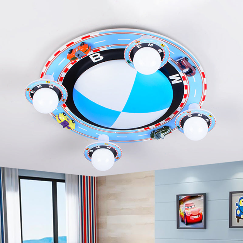 Circular Flush Mount Ceiling Fixture Kids White Glass 4-Head Blue Flushmount Lighting with Racing Vehicle Clearhalo 'Ceiling Lights' 'Close To Ceiling Lights' 'Close to ceiling' 'Flush mount' Lighting' 1475365