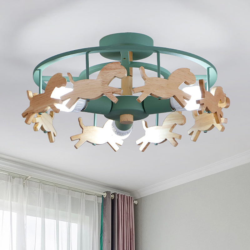 Iron Round Semi-Flush Ceiling Light Macaroon 3-Bulb Grey/White/Green Flush Mount Lamp with Wooden Horse Design Clearhalo 'Ceiling Lights' 'Close To Ceiling Lights' 'Close to ceiling' 'Semi-flushmount' Lighting' 1475369