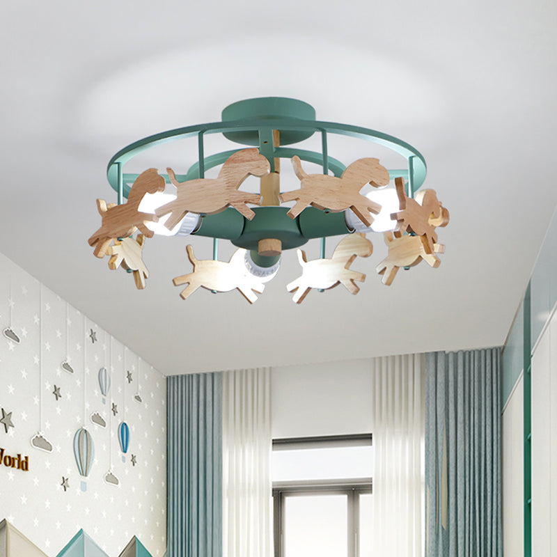 Iron Round Semi-Flush Ceiling Light Macaroon 3-Bulb Grey/White/Green Flush Mount Lamp with Wooden Horse Design Clearhalo 'Ceiling Lights' 'Close To Ceiling Lights' 'Close to ceiling' 'Semi-flushmount' Lighting' 1475370