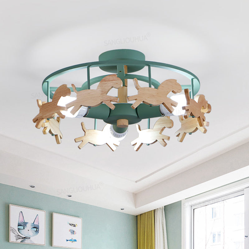 Iron Round Semi-Flush Ceiling Light Macaroon 3-Bulb Grey/White/Green Flush Mount Lamp with Wooden Horse Design Green Clearhalo 'Ceiling Lights' 'Close To Ceiling Lights' 'Close to ceiling' 'Semi-flushmount' Lighting' 1475371