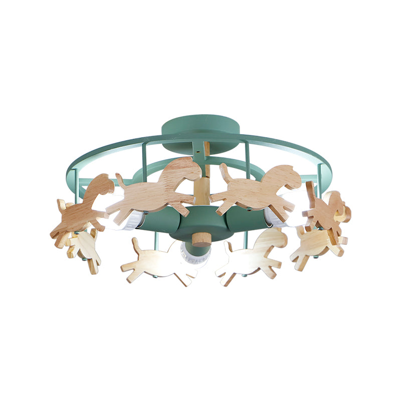 Iron Round Semi-Flush Ceiling Light Macaroon 3-Bulb Grey/White/Green Flush Mount Lamp with Wooden Horse Design Clearhalo 'Ceiling Lights' 'Close To Ceiling Lights' 'Close to ceiling' 'Semi-flushmount' Lighting' 1475372