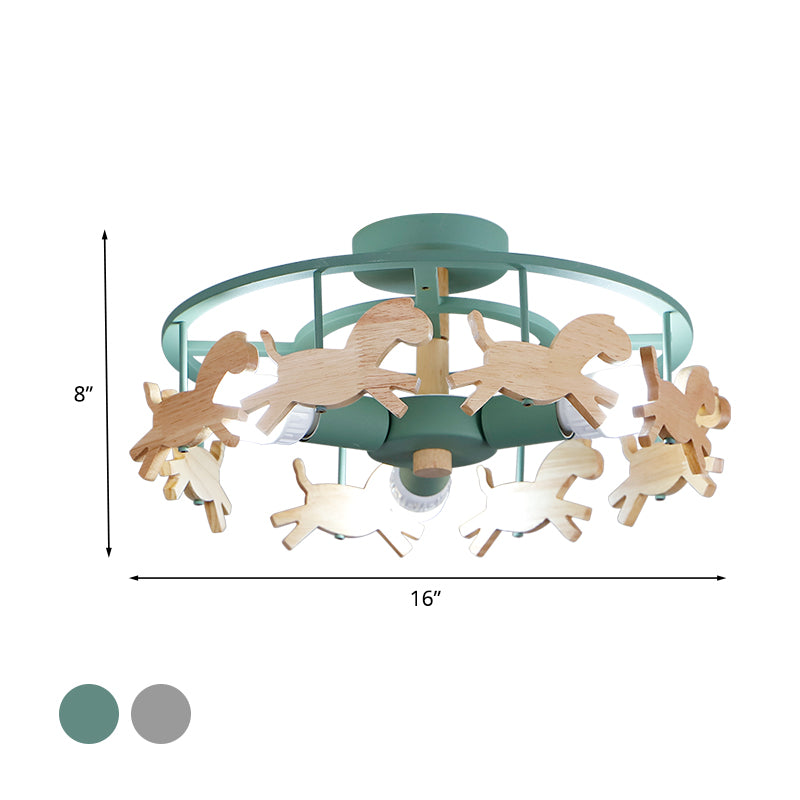 Iron Round Semi-Flush Ceiling Light Macaroon 3-Bulb Grey/White/Green Flush Mount Lamp with Wooden Horse Design Clearhalo 'Ceiling Lights' 'Close To Ceiling Lights' 'Close to ceiling' 'Semi-flushmount' Lighting' 1475373