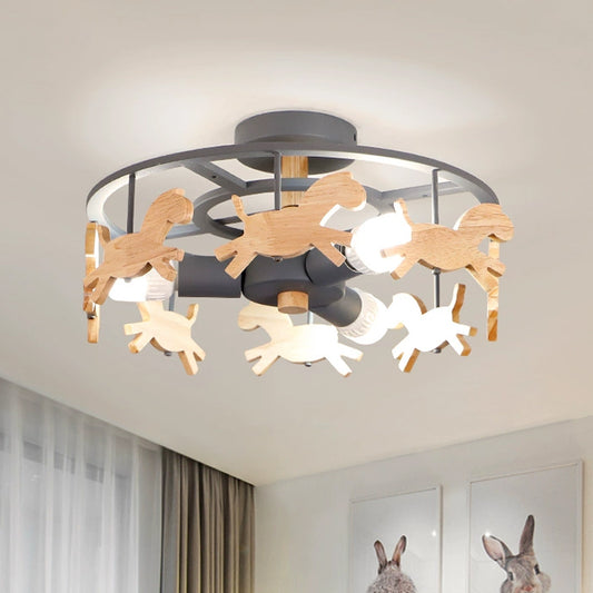 Iron Round Semi-Flush Ceiling Light Macaroon 3-Bulb Grey/White/Green Flush Mount Lamp with Wooden Horse Design Clearhalo 'Ceiling Lights' 'Close To Ceiling Lights' 'Close to ceiling' 'Semi-flushmount' Lighting' 1475374