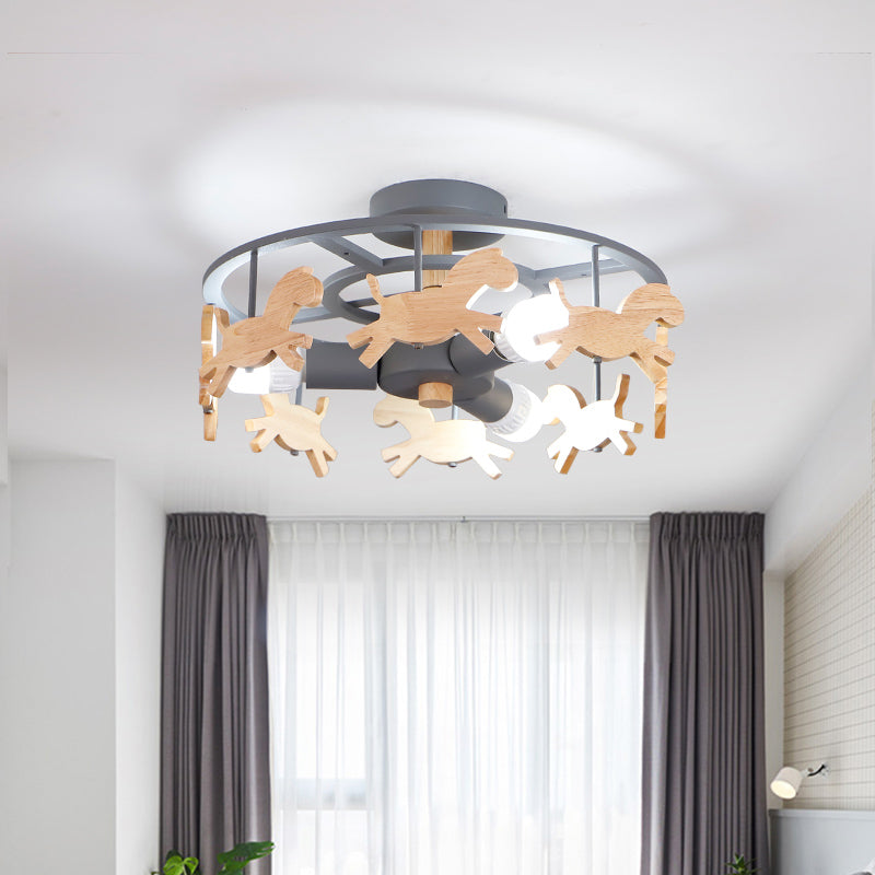 Iron Round Semi-Flush Ceiling Light Macaroon 3-Bulb Grey/White/Green Flush Mount Lamp with Wooden Horse Design Clearhalo 'Ceiling Lights' 'Close To Ceiling Lights' 'Close to ceiling' 'Semi-flushmount' Lighting' 1475375