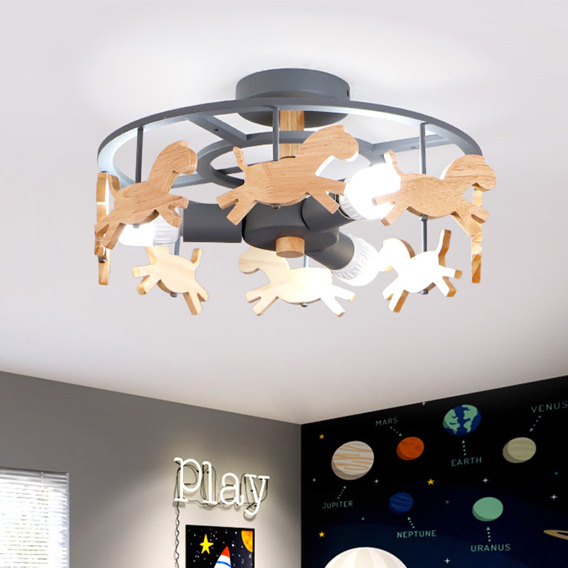 Iron Round Semi-Flush Ceiling Light Macaroon 3-Bulb Grey/White/Green Flush Mount Lamp with Wooden Horse Design Grey Clearhalo 'Ceiling Lights' 'Close To Ceiling Lights' 'Close to ceiling' 'Semi-flushmount' Lighting' 1475376