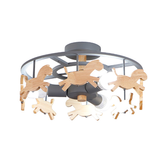Iron Round Semi-Flush Ceiling Light Macaroon 3-Bulb Grey/White/Green Flush Mount Lamp with Wooden Horse Design Clearhalo 'Ceiling Lights' 'Close To Ceiling Lights' 'Close to ceiling' 'Semi-flushmount' Lighting' 1475377