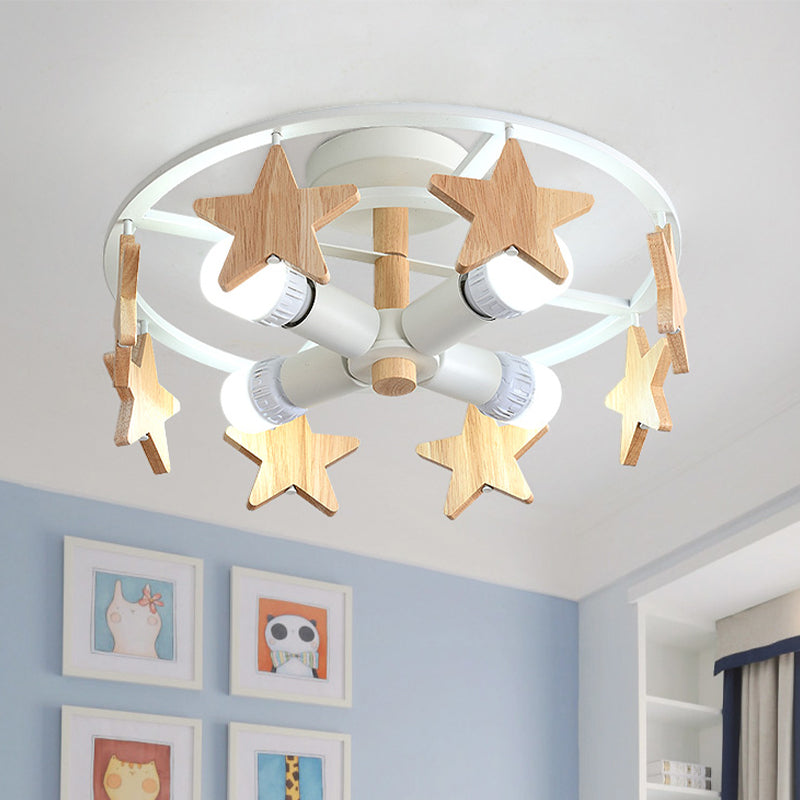 Iron Round Semi-Flush Ceiling Light Macaroon 3-Bulb Grey/White/Green Flush Mount Lamp with Wooden Horse Design Clearhalo 'Ceiling Lights' 'Close To Ceiling Lights' 'Close to ceiling' 'Semi-flushmount' Lighting' 1475378