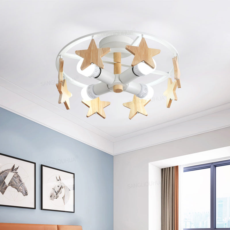 Iron Round Semi-Flush Ceiling Light Macaroon 3-Bulb Grey/White/Green Flush Mount Lamp with Wooden Horse Design Clearhalo 'Ceiling Lights' 'Close To Ceiling Lights' 'Close to ceiling' 'Semi-flushmount' Lighting' 1475379