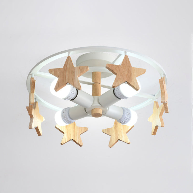 Iron Round Semi-Flush Ceiling Light Macaroon 3-Bulb Grey/White/Green Flush Mount Lamp with Wooden Horse Design Clearhalo 'Ceiling Lights' 'Close To Ceiling Lights' 'Close to ceiling' 'Semi-flushmount' Lighting' 1475381