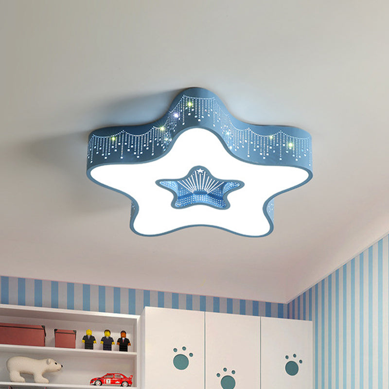 Macaroon Pentagram Flush Mount Lighting Iron LED Nursery Ceiling Flush with Cutout Design in White/Pink/Blue Blue Clearhalo 'Ceiling Lights' 'Close To Ceiling Lights' 'Close to ceiling' 'Flush mount' Lighting' 1475428