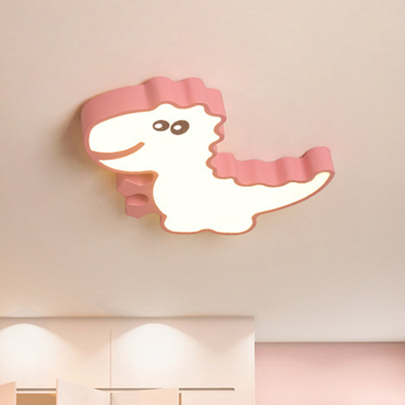 Dinosaur Flush Mount Light Fixture Kids Iron White/Pink/Green LED Close to Ceiling Lighting for Children Bedroom Pink Clearhalo 'Ceiling Lights' 'Close To Ceiling Lights' 'Close to ceiling' 'Flush mount' Lighting' 1475440