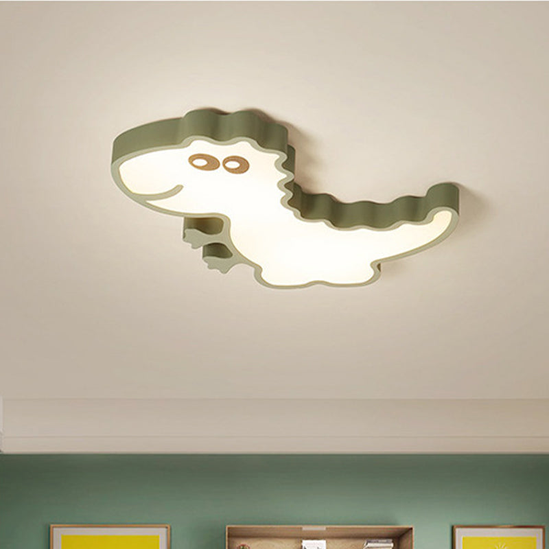 Dinosaur Flush Mount Light Fixture Kids Iron White/Pink/Green LED Close to Ceiling Lighting for Children Bedroom Green Clearhalo 'Ceiling Lights' 'Close To Ceiling Lights' 'Close to ceiling' 'Flush mount' Lighting' 1475444