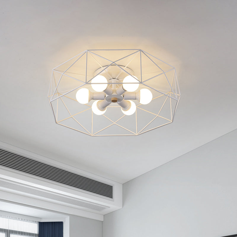 White Hexagon Cage Flush Mount Nordic 3/6 Lights Iron Flush Ceiling Light Fixture with Bare Bulb Design Clearhalo 'Ceiling Lights' 'Close To Ceiling Lights' 'Close to ceiling' 'Flush mount' Lighting' 1475472